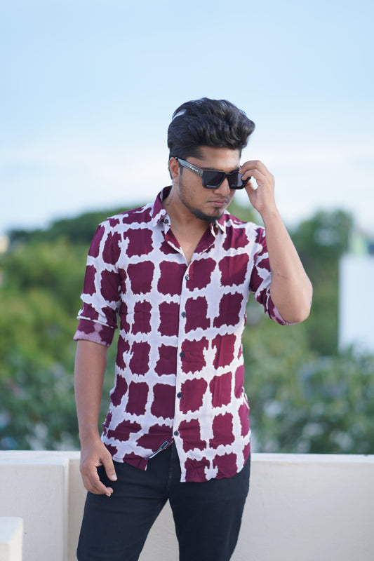 Red Check Viscose Digital Printed Shirt